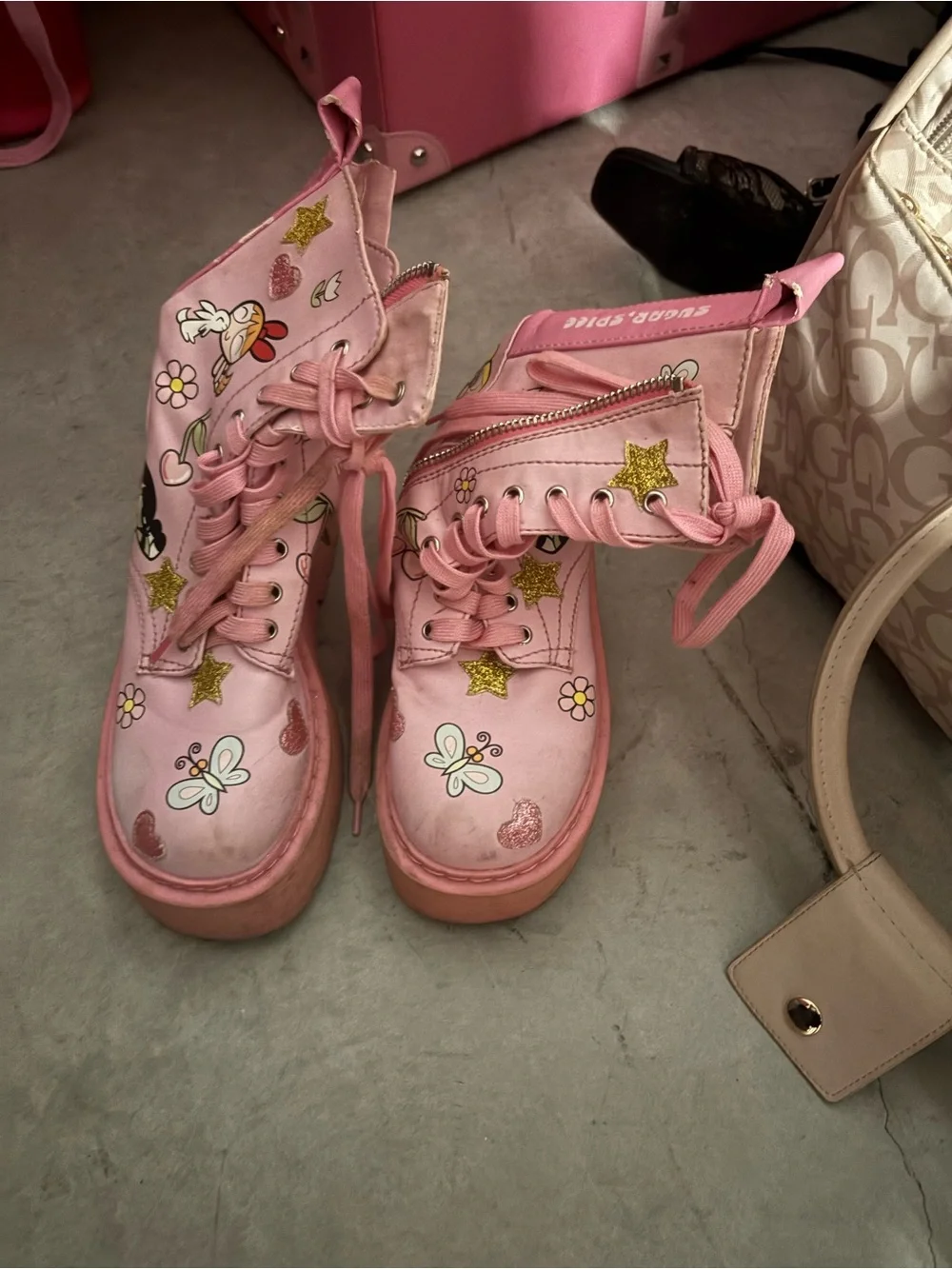 Dolls Kill Pink Powerpuff Graphic Combat Boots with Glitter Stars